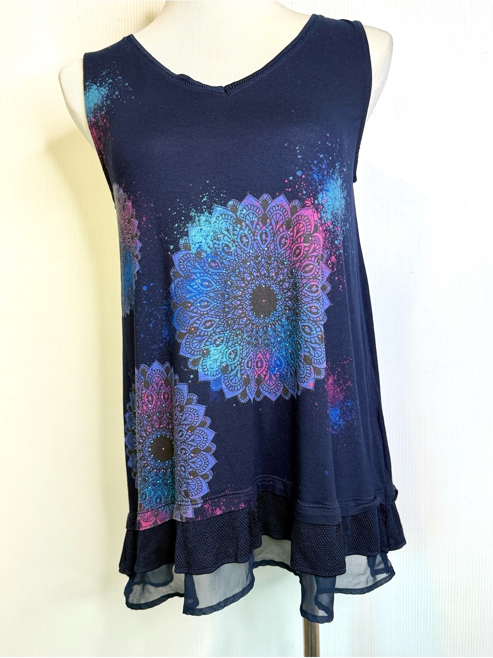 Desigual Navy Sleeveless Tank Top with Multicolor Mandala Print